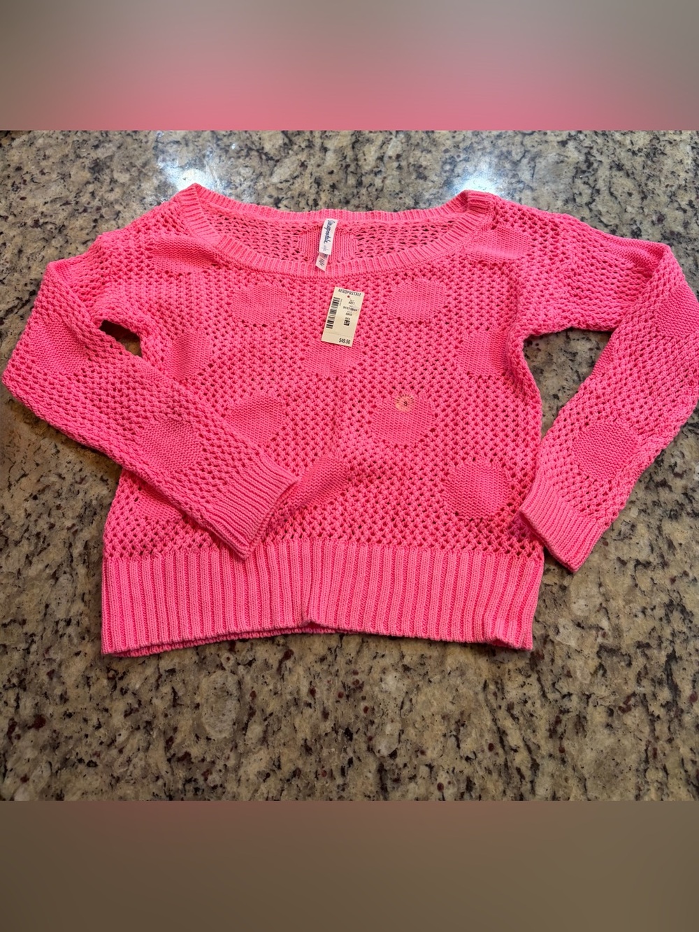 Aeropostale Neon Hot Pink Open-Knit Polka Dot Crewneck Sweater